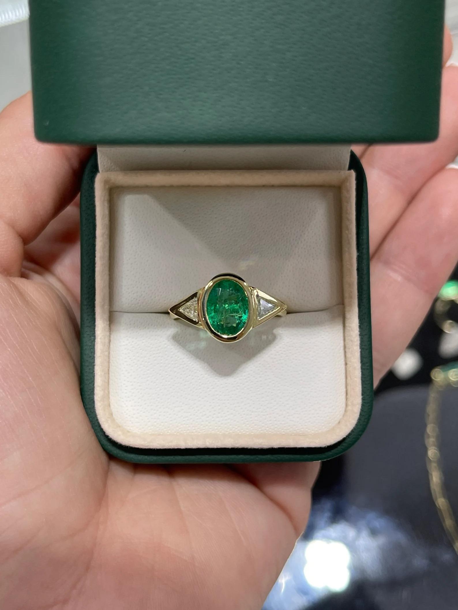 Women's 2.11tcw AAA+ Three Stone Dark Oval Emerald & Trillion Cut Diamond Ring 18K For Sale