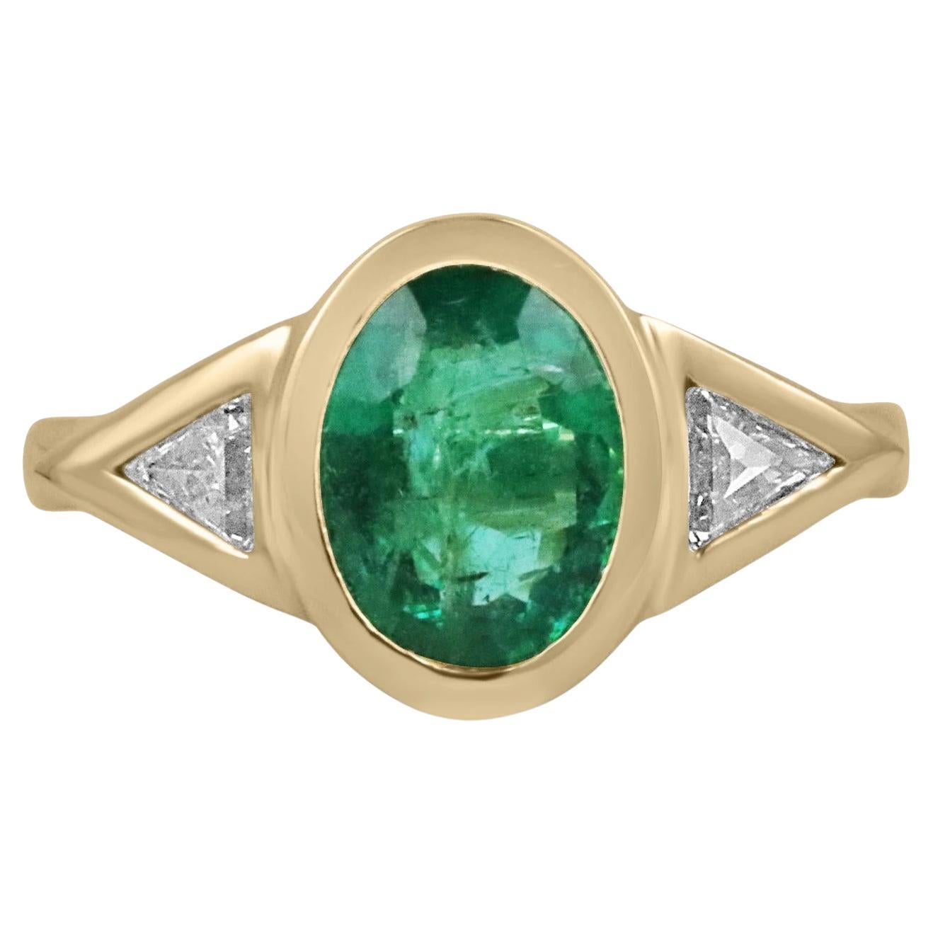 2.11tcw AAA+ Three Stone Dark Oval Emerald & Trillion Cut Diamond Ring 18K