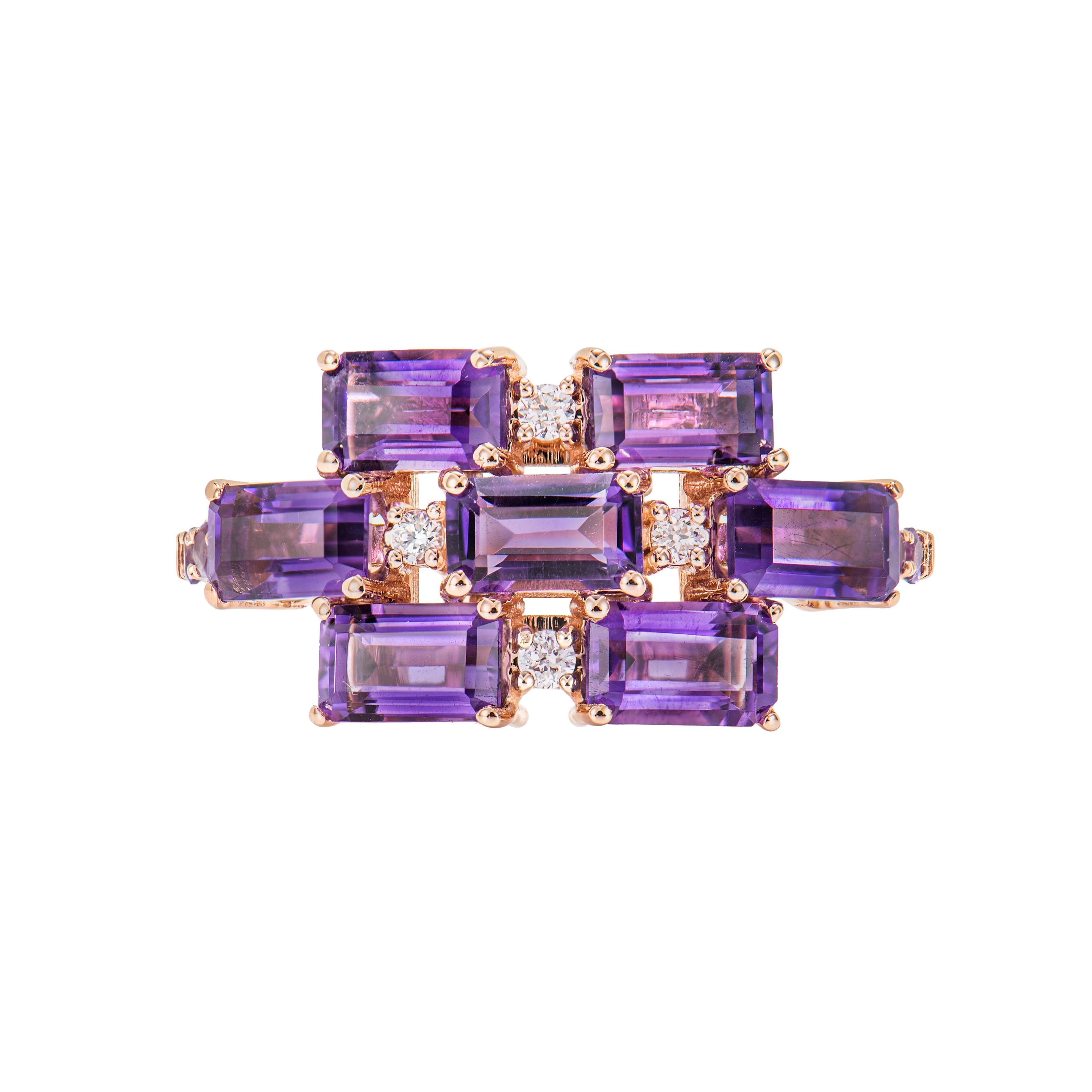 Contemporary 2.12 Carat Amethyst Fancy Ring in 18Karat Rose Gold with White Diamond.   For Sale