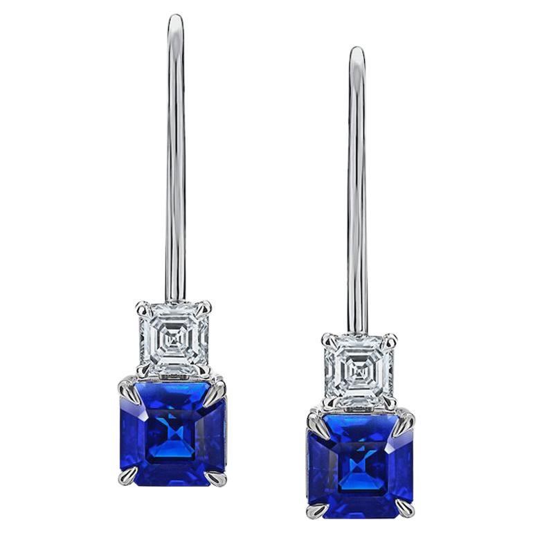 2.12 Carat Blue Asscher Cut Sapphire and Diamond Platinum Earrings