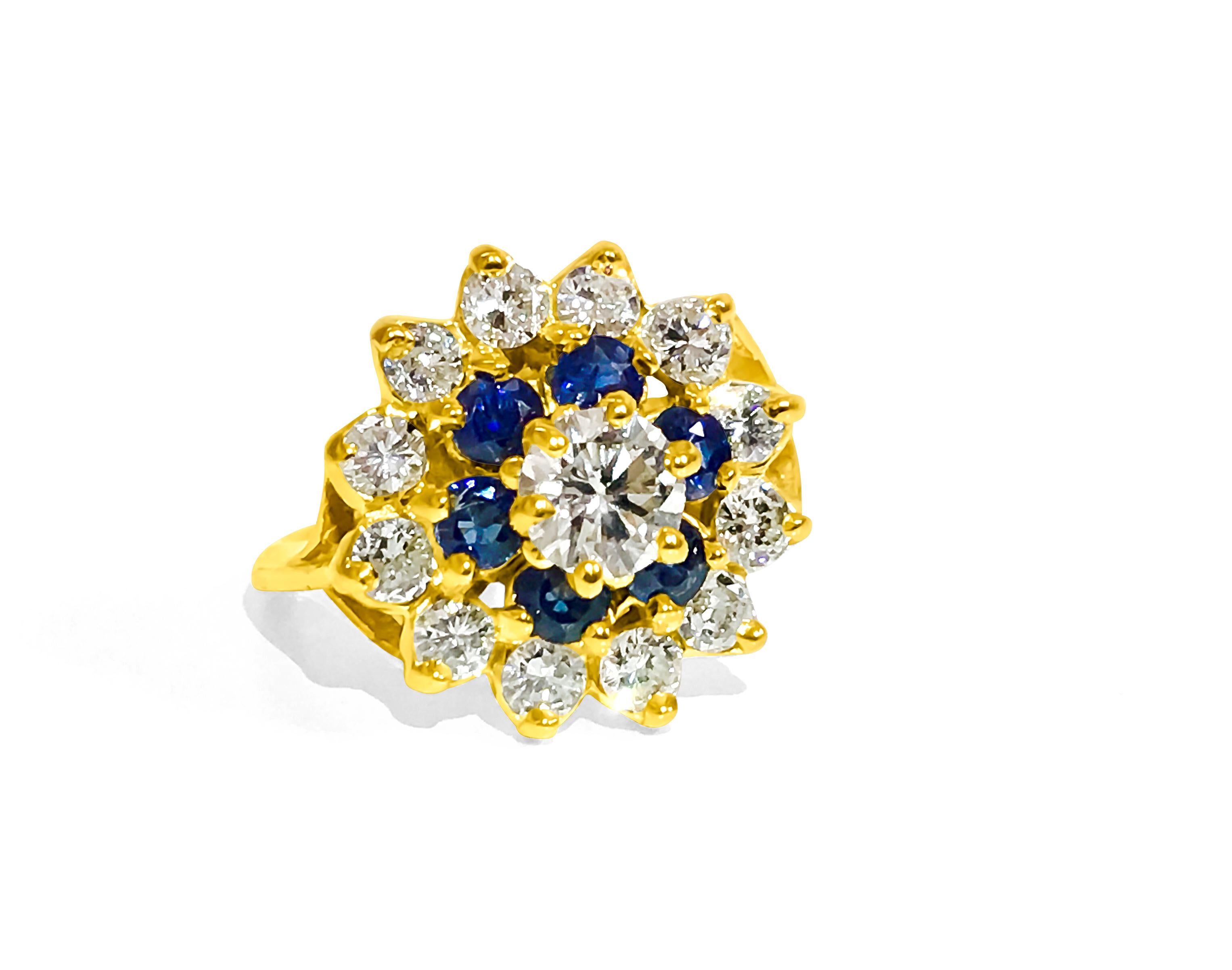 Metal: 18K Yellow Gold. 
0.76 carat center diamond. 1.00 Carat side diamonds. VS clarity and G color. 
0.36 carat blue sapphires. 
Total carat weight of all precious stones: 2.12 carats. 
All stones 100% natural earth mined. Excellent diamond and