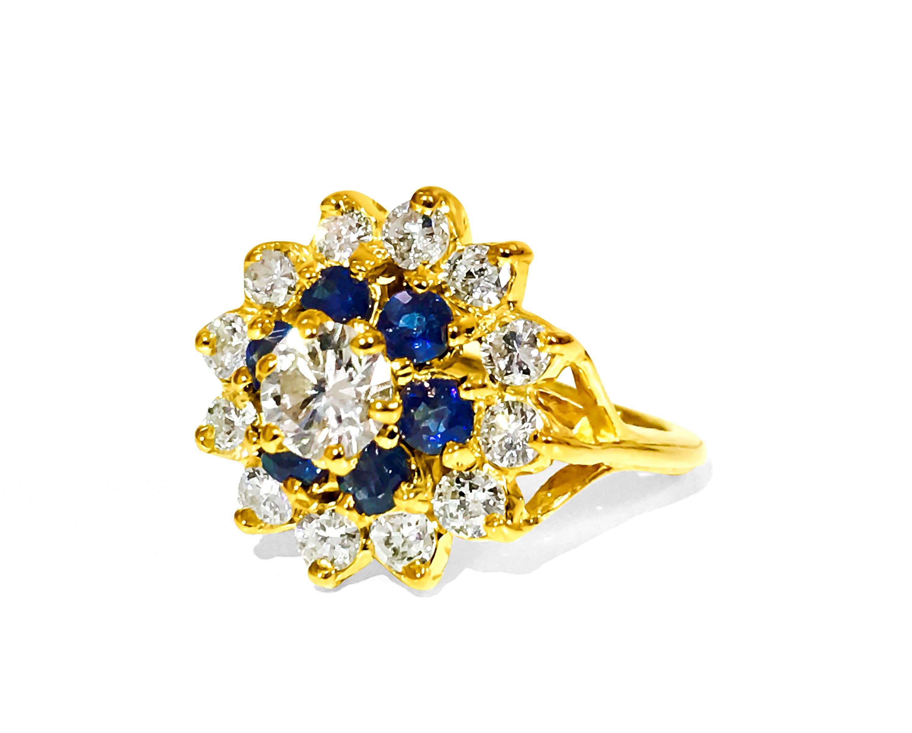 Contemporary 2.12 Carat Blue Sapphire Diamond Cocktail Ring 18 Karat Yellow Gold For Sale