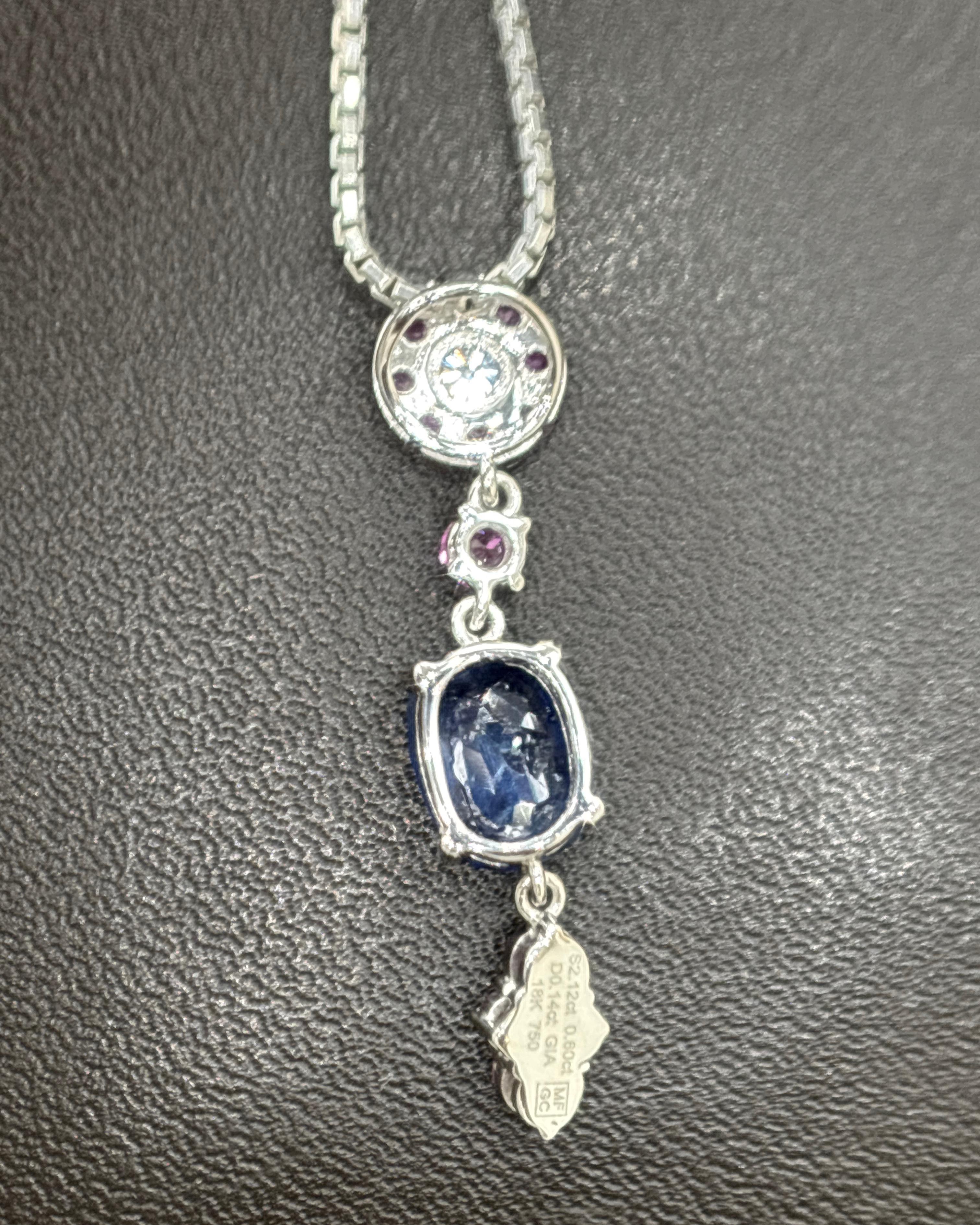 2.12 Quilates Zafiro Azul de Birmania Sin Calor Collar Colgante de Diamantes Zafiro Rosa en venta 1