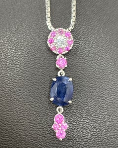 2.12 Carat Burma No Heat Blue Sapphire Pink Sapphire Diamond Pendant Necklace