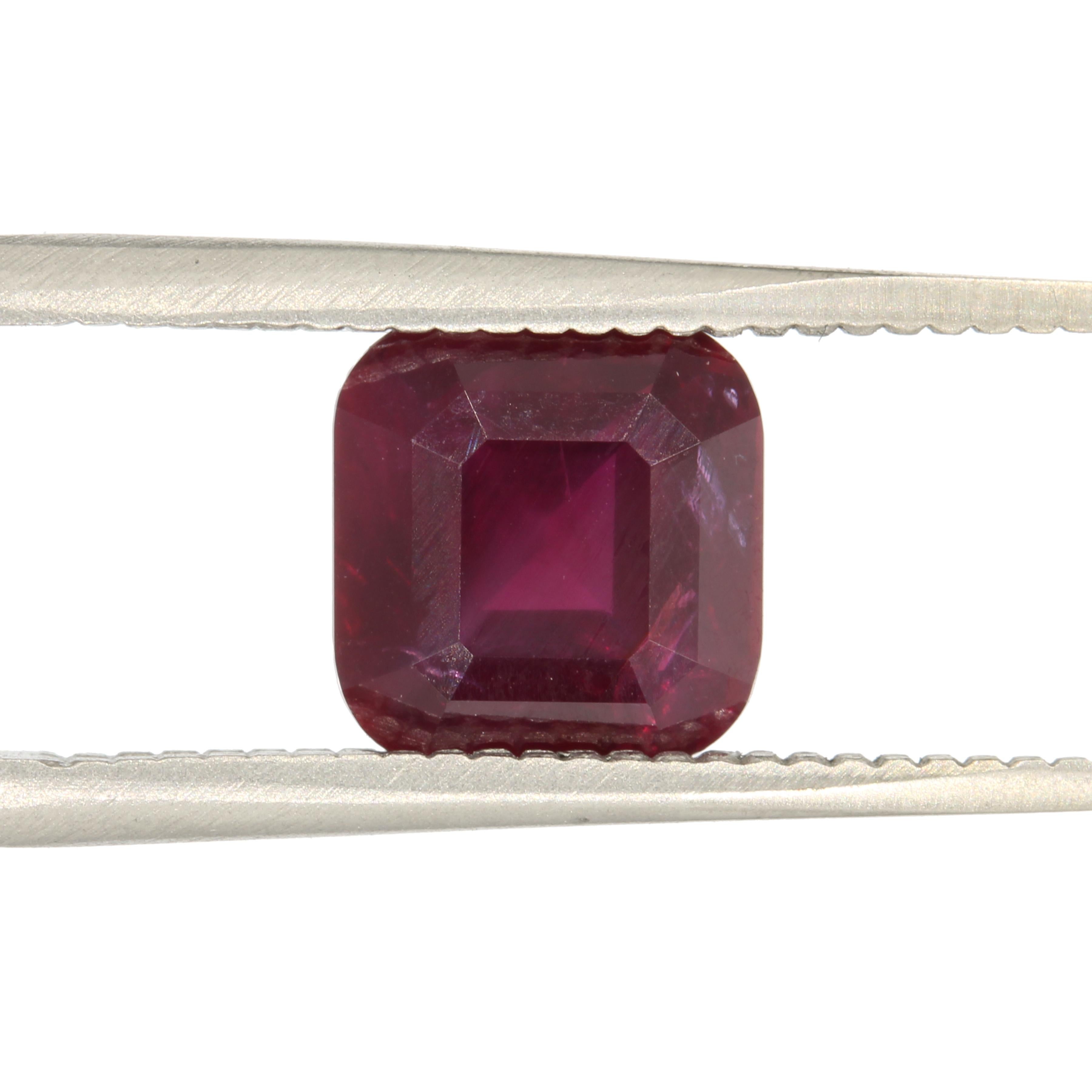 We are delighted to be able to offer for sale, this stunning 2.12 carat cushion red ruby from our collection. It has been certified by GRS as originating from the Winza mine in Tanzania. It shows no indication of thermal treatment (which is used to
