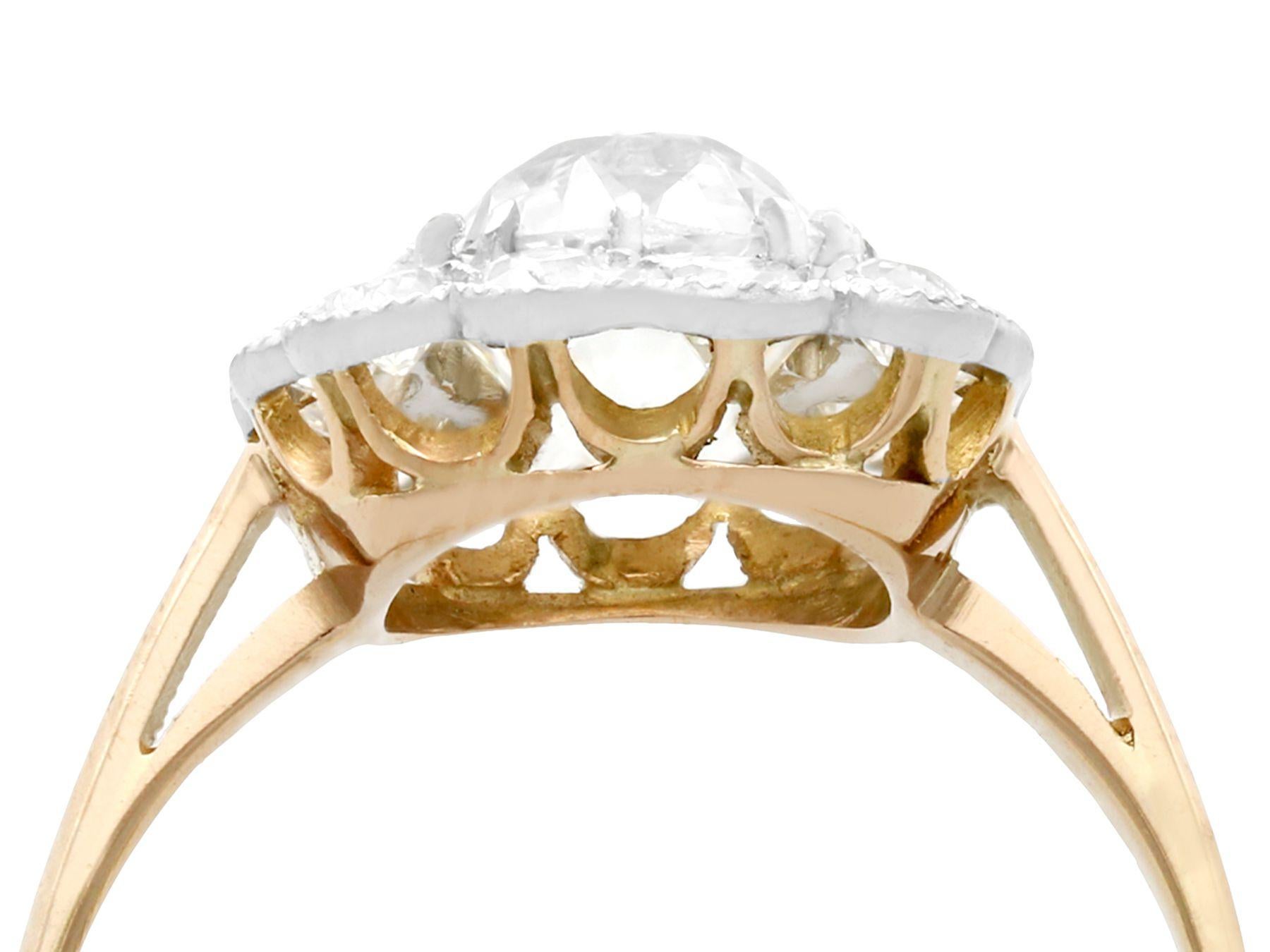 A stunning antique 2.12 carat diamond and contemporary 18 karat yellow gold, platinum set cluster ring; part of our diverse diamond jewelry and estate jewelry collections.

This stunning, fine and impressive diamond cluster ring has been crafted in