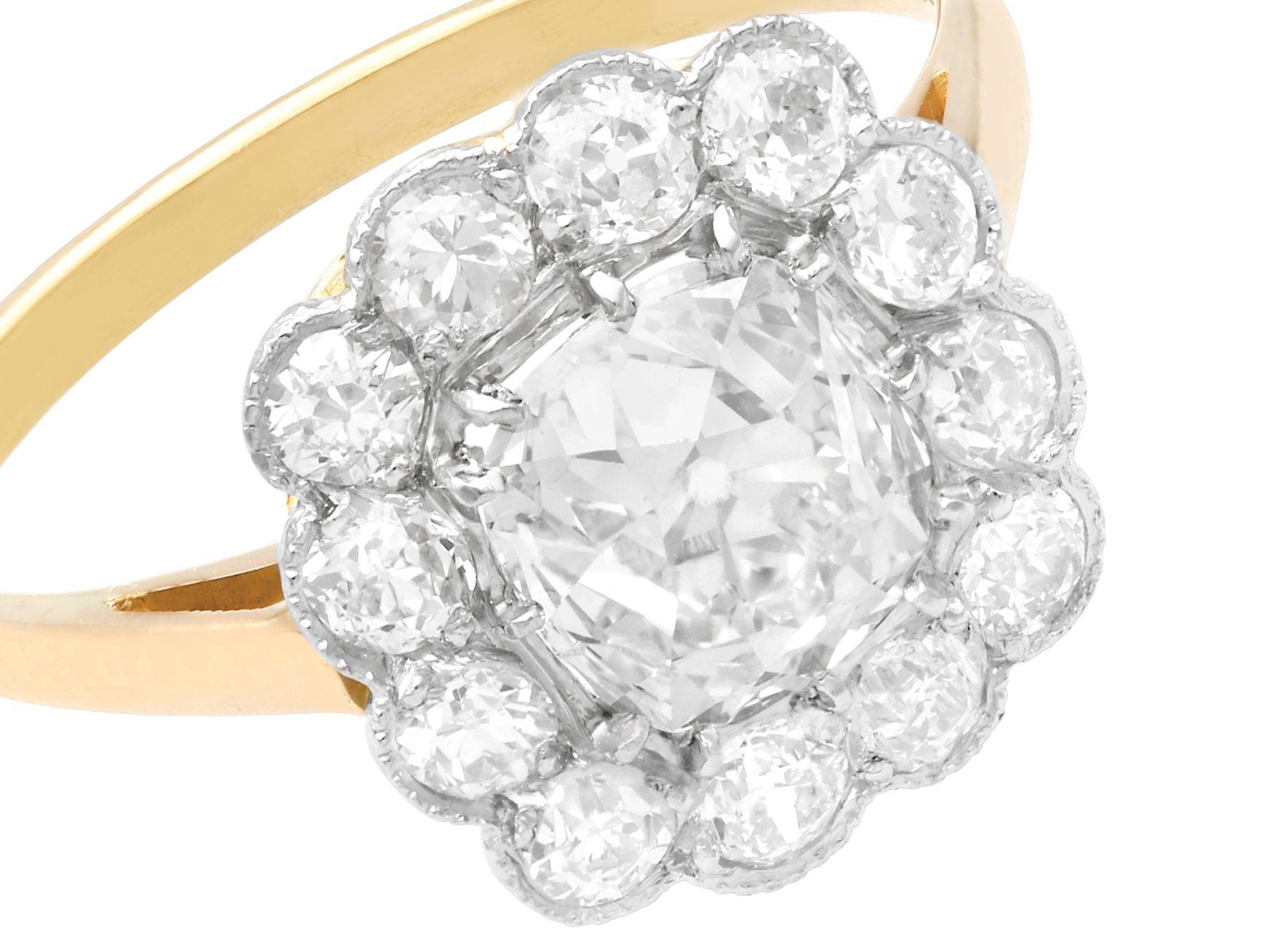 Old European Cut 2.12 Carat Diamond and Yellow Gold Cluster Ring