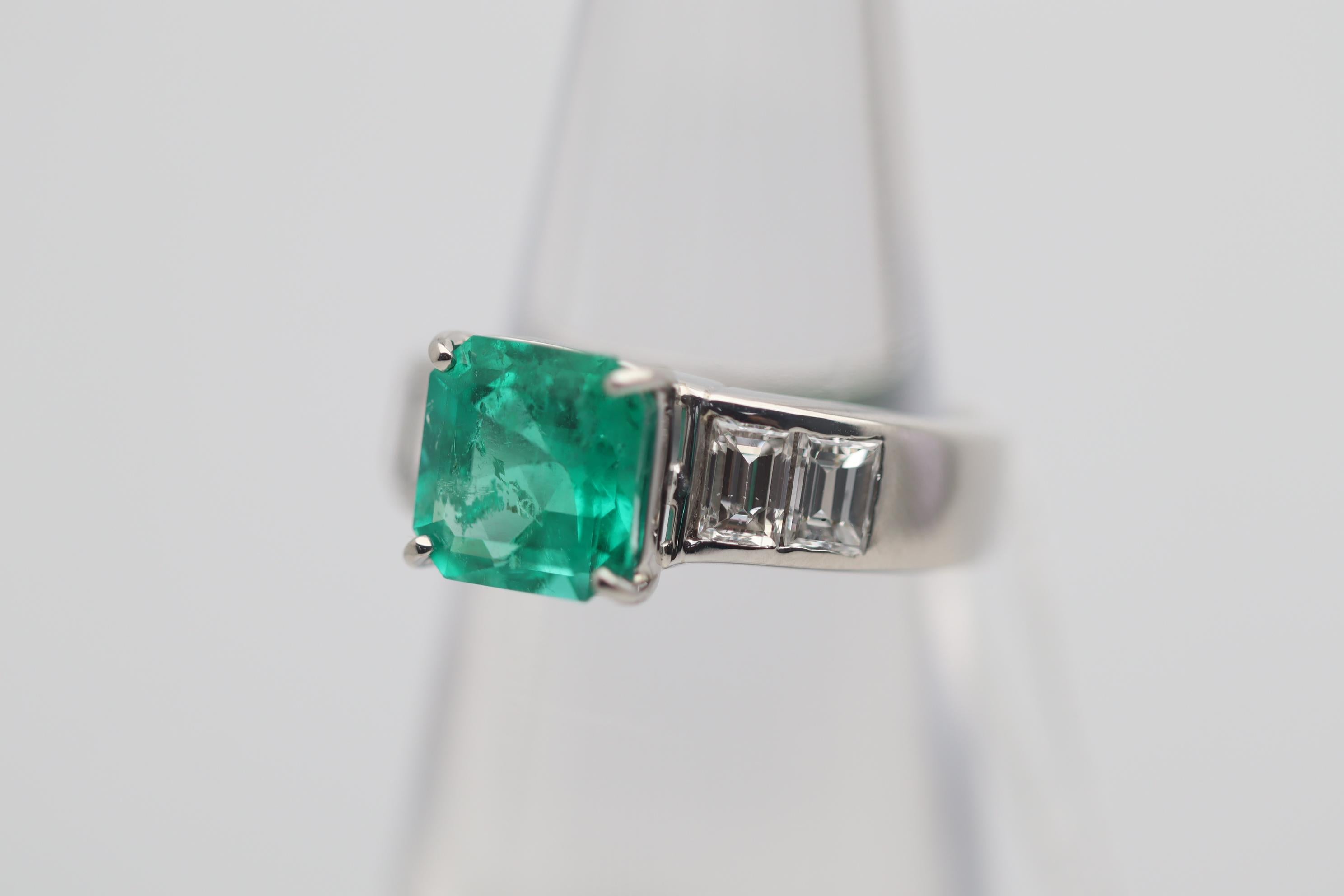 Emerald Cut 2.12 Carat Emerald Diamond Platinum Ring For Sale