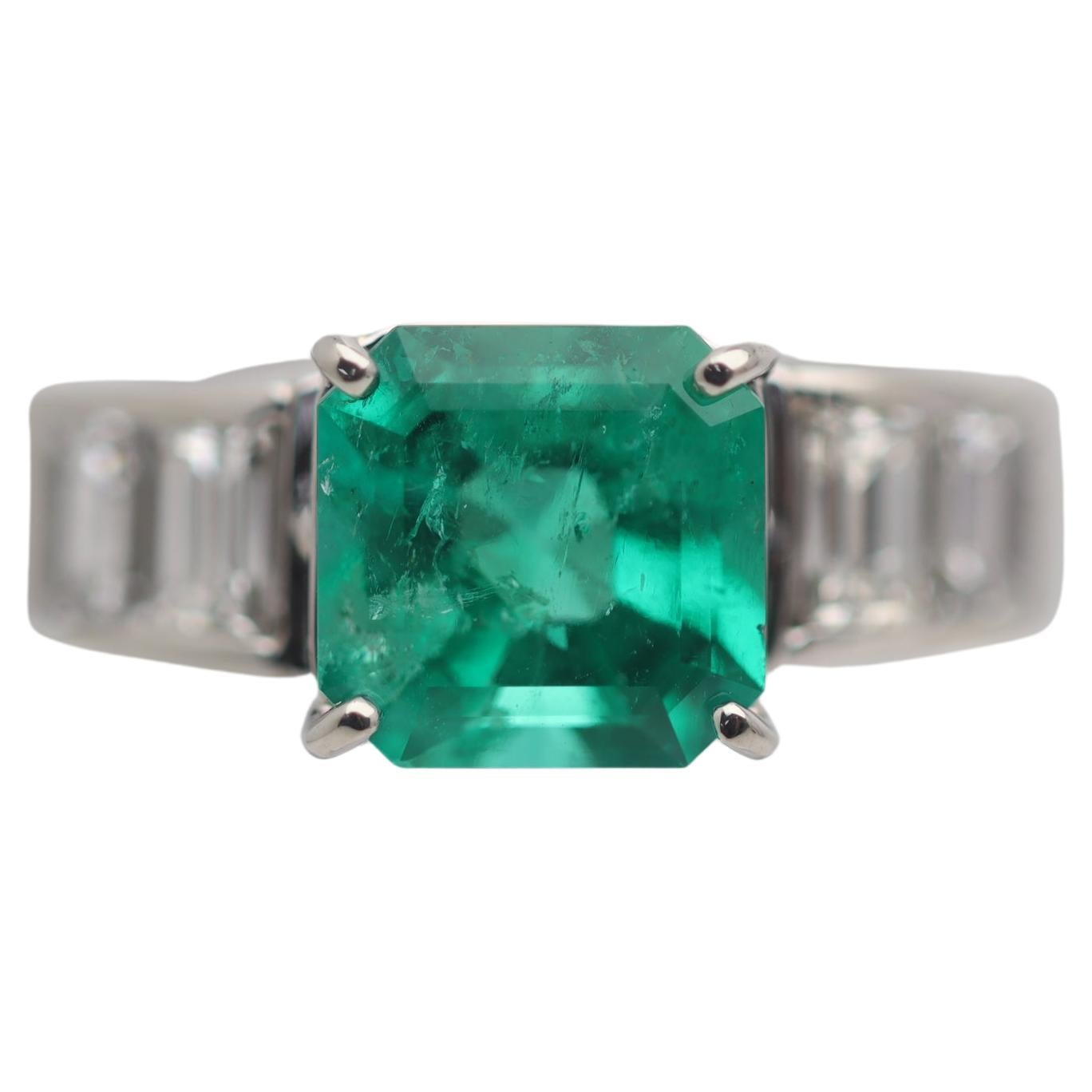 2.12 Carat Emerald Diamond Platinum Ring For Sale
