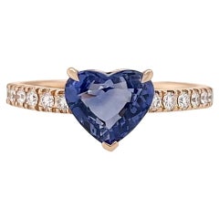 2.12 Carat Heart Blue Sapphire and Pave'd Diamond Ring in 18 Karat Pink Gold