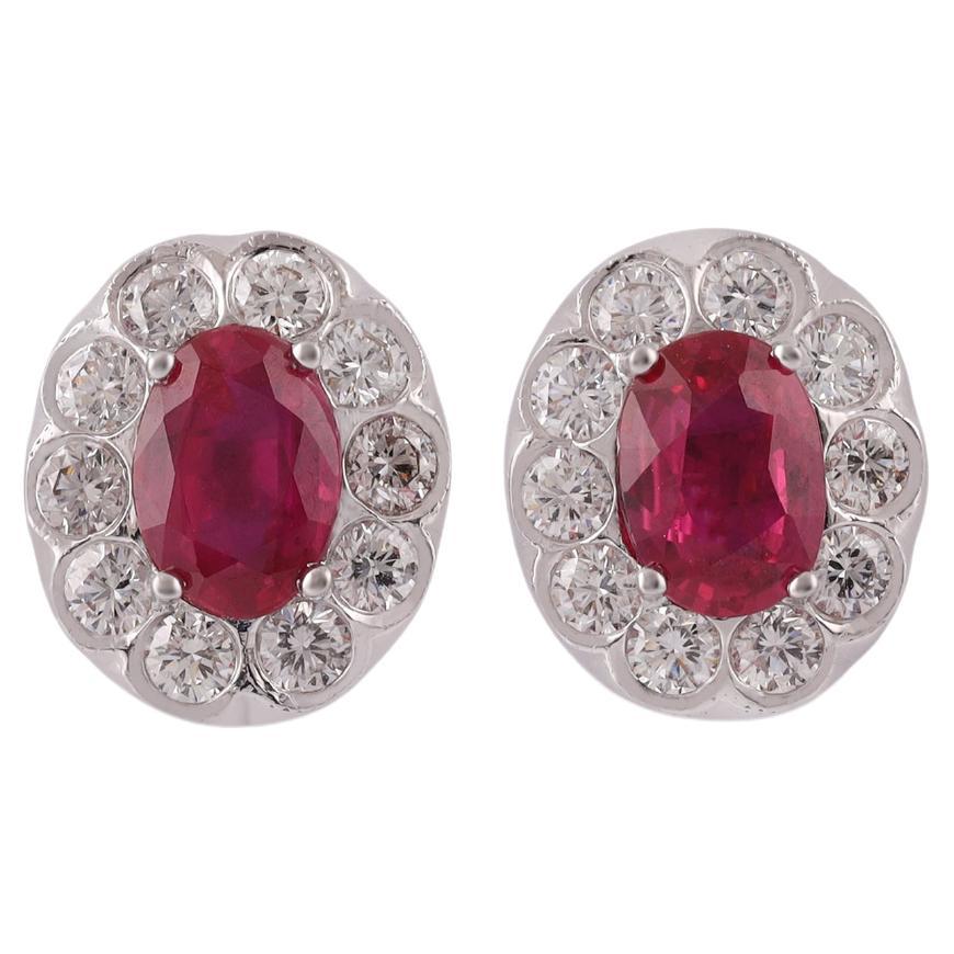 2.12 Carat Natural Mozambique Ruby & Diamond Earrings Studs in 18k White Gold . For Sale