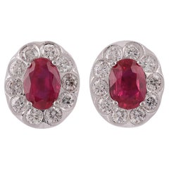 2.12 Carat Natural Mozambique Ruby & Diamond Earrings Studs in 18k White Gold .