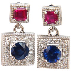 2.12 Carat Natural Sapphire Ruby Diamond Dangle Earrings 14 Karat Petite