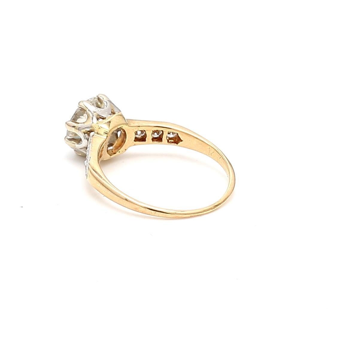Bague de fiançailles en or jaune 18 carats avec diamant taille européenne ancienne I SI1 de 2,12 carats en vente 1