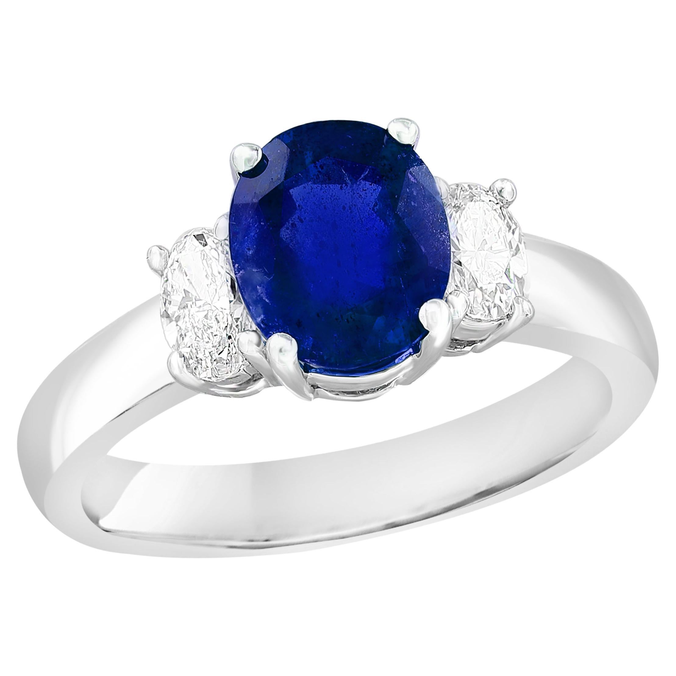 2.12 Carat Oval Cut Sapphire & Diamond 3 Stone Engagement Ring in 18k White Gold For Sale
