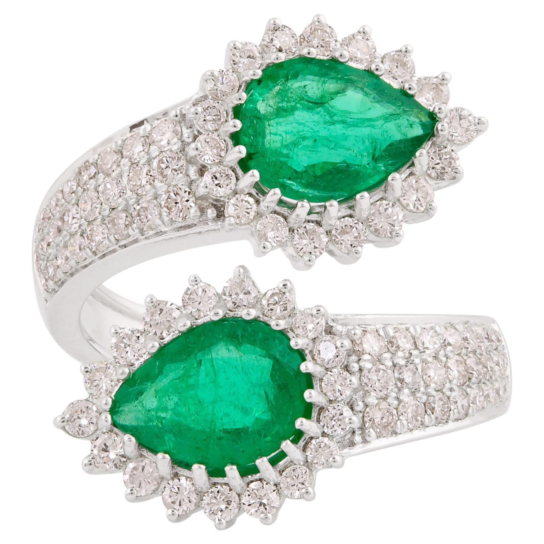 2.12 Carat Pear Zambian Emerald Wrap Ring 0.90 Carat Diamond Pave 18k White Gold