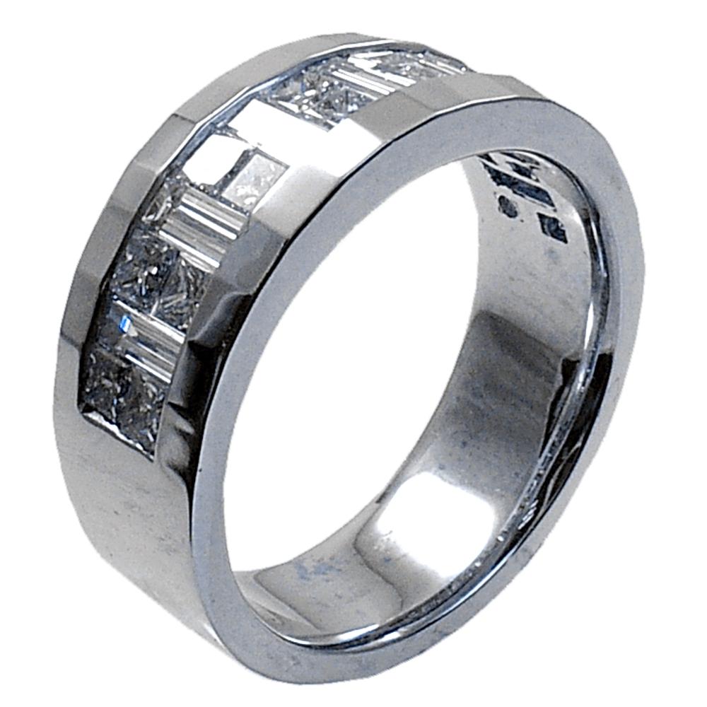 This Beautiful Gent's ring is made in 18K white gold with shiny finish. It has 16 pieces of perfectly matched 2.4 mm princess cut and 7 pieces of straight Baguette Diamonds(Total Weight 2.12 Ct) invisible set on the top. 
Total Diamond Weight: 2.12