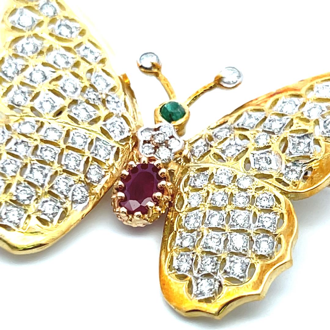 2.12 Carat Round Diamond 1.10 Carat Ruby and Emerald 18K YG Pin Brooch 5