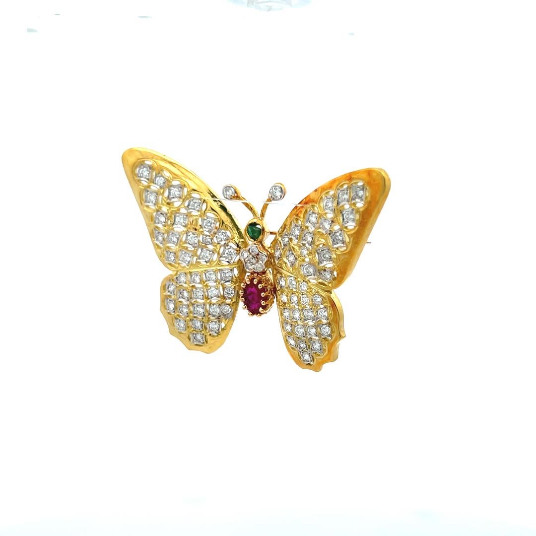 2.12 Carat Round Diamond 1.10 Carat Ruby and Emerald 18K YG Pin Brooch 1