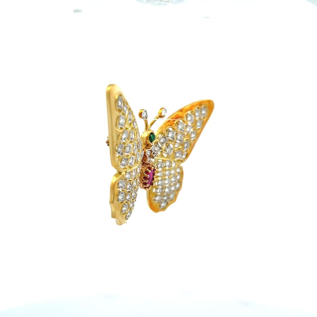 2.12 Carat Round Diamond 1.10 Carat Ruby and Emerald 18K YG Pin Brooch 2