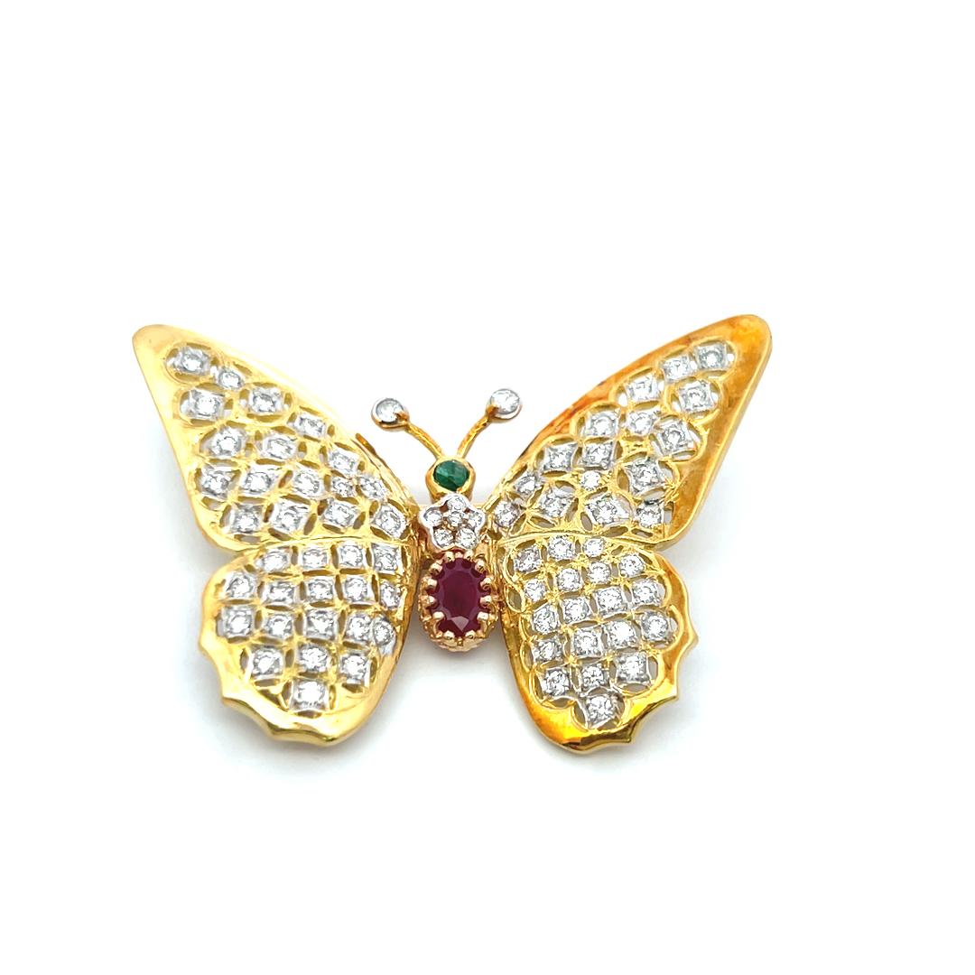 2.12 Carat Round Diamond 1.10 Carat Ruby and Emerald 18K YG Pin Brooch 3
