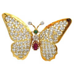 Broche con diamante redondo de 2,12 quilates Rubí y esmeralda de 1,10 quilates 18K YG