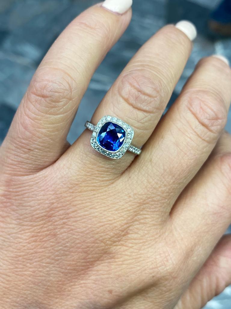Cushion Cut 2.12 Carat Sapphire and Diamond Cluster Platinum Engagement Ring For Sale