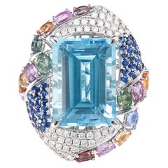 21.2 Carat Topaz with Sapphire & Diamond Cocktail Ring in 18 Karat White Gold