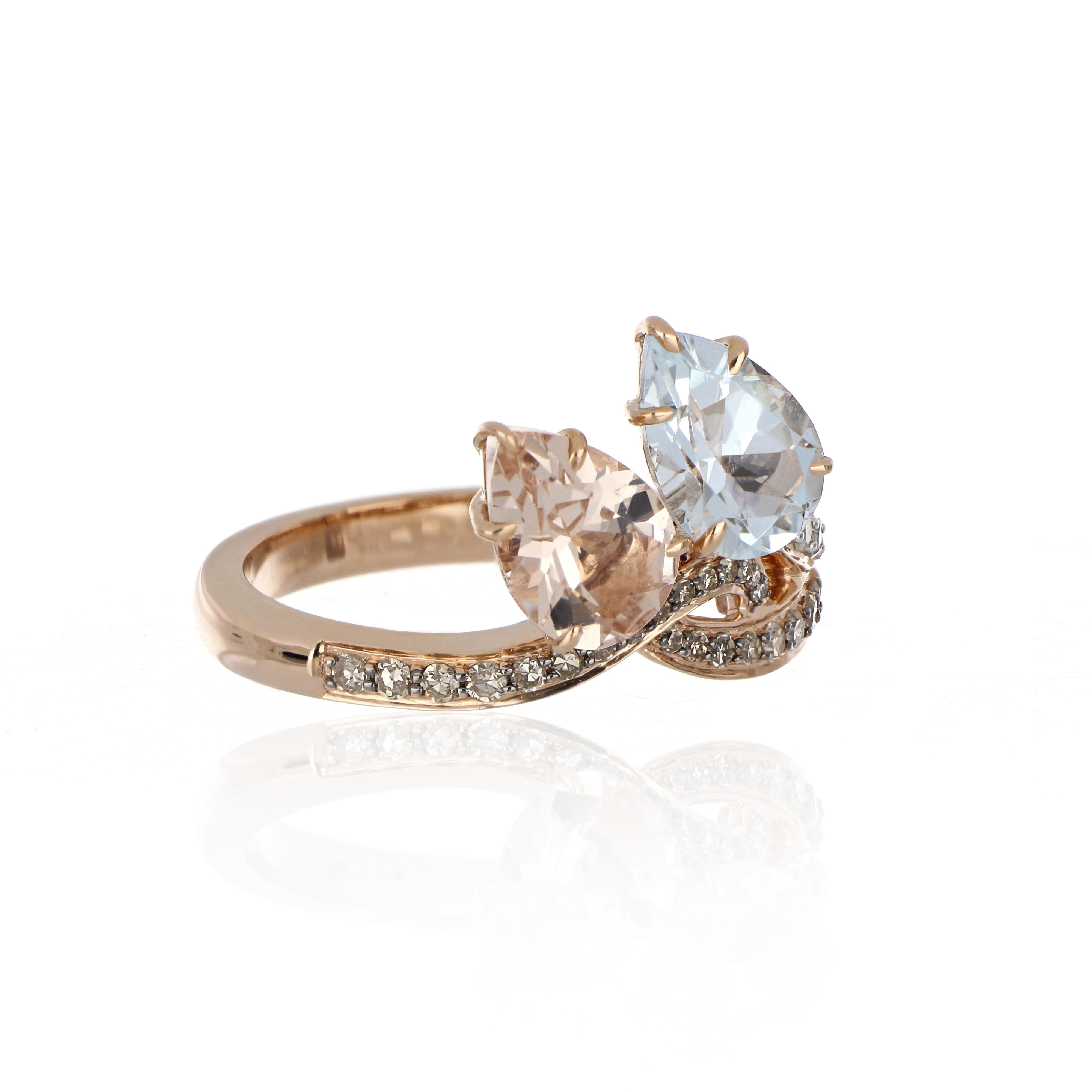 Contemporary 2.12 Carat Total Morganite and Aquamarine Ring with Diamonds in 18 Karat Gold