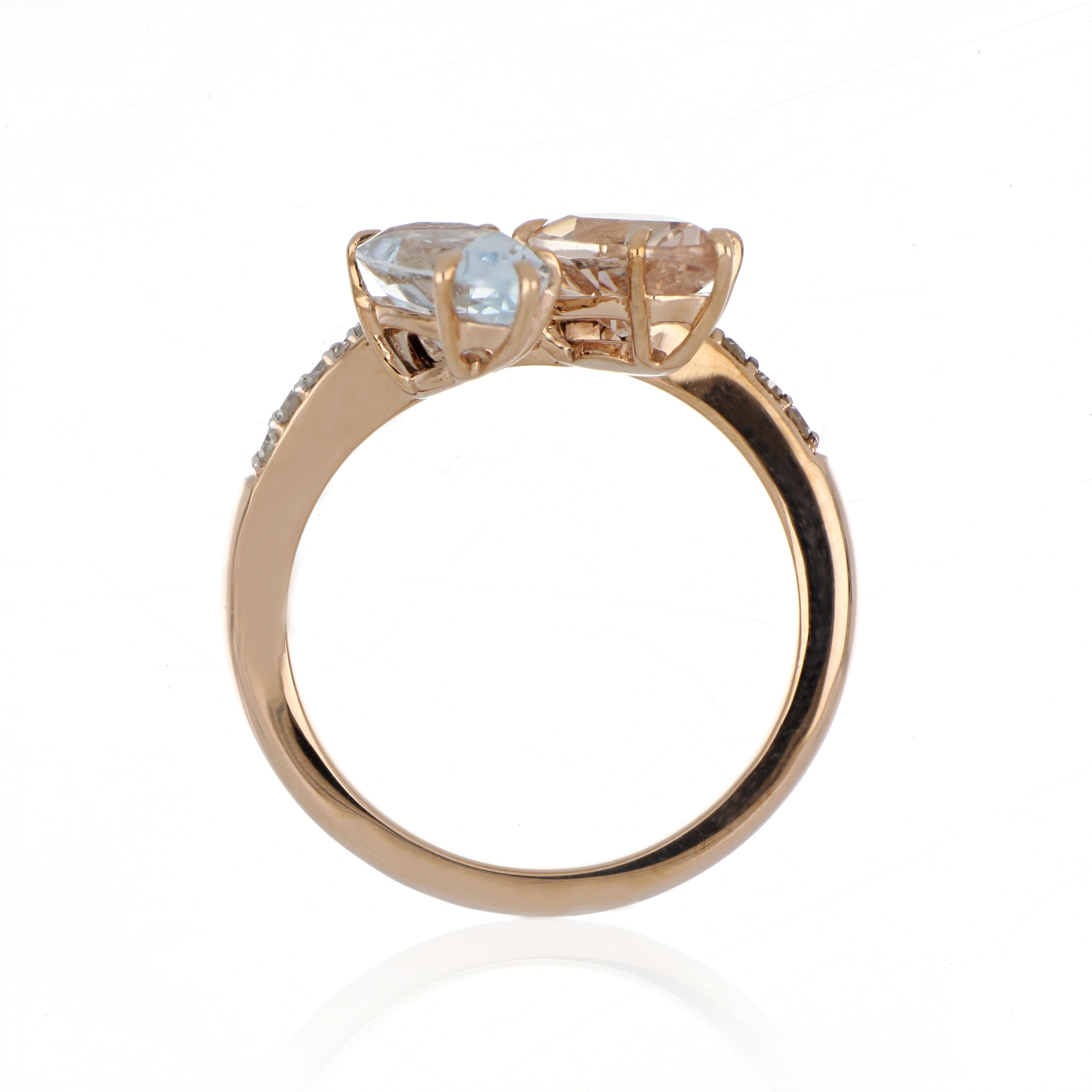 Pear Cut 2.12 Carat Total Morganite and Aquamarine Ring with Diamonds in 18 Karat Gold