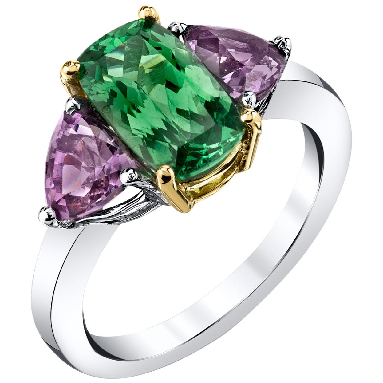 Tsavorite Garnet and Purple Spinel Three-Stone Engagement Ring in 18k Gold For Sale