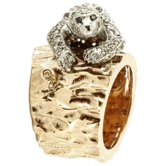 Vintage 2.12 Carat White and Black Diamonds Rose Gold and Silver Trunk and Bear Ring