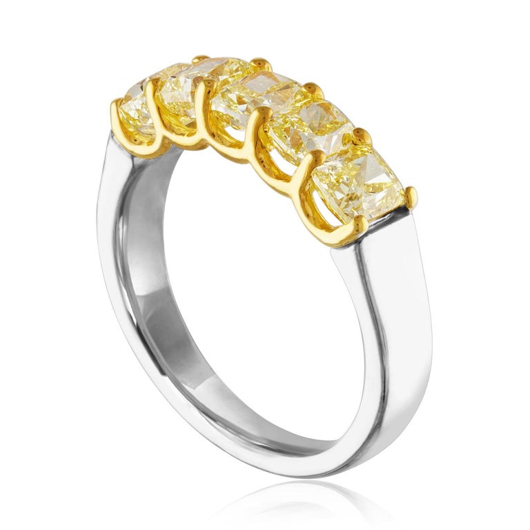 Very Beautiful Diamond 5 Stone Half Band Ring
The ring is 18K Yellow Gold & PLT 950
There are 5 Cushion Cut Fancy Yellow Diamonds Prong Set.
There are 2.12 Carats In Diamonds VS
The ring is a size 5.75, sizable.
The band is 5.0 mm wide.
The ring