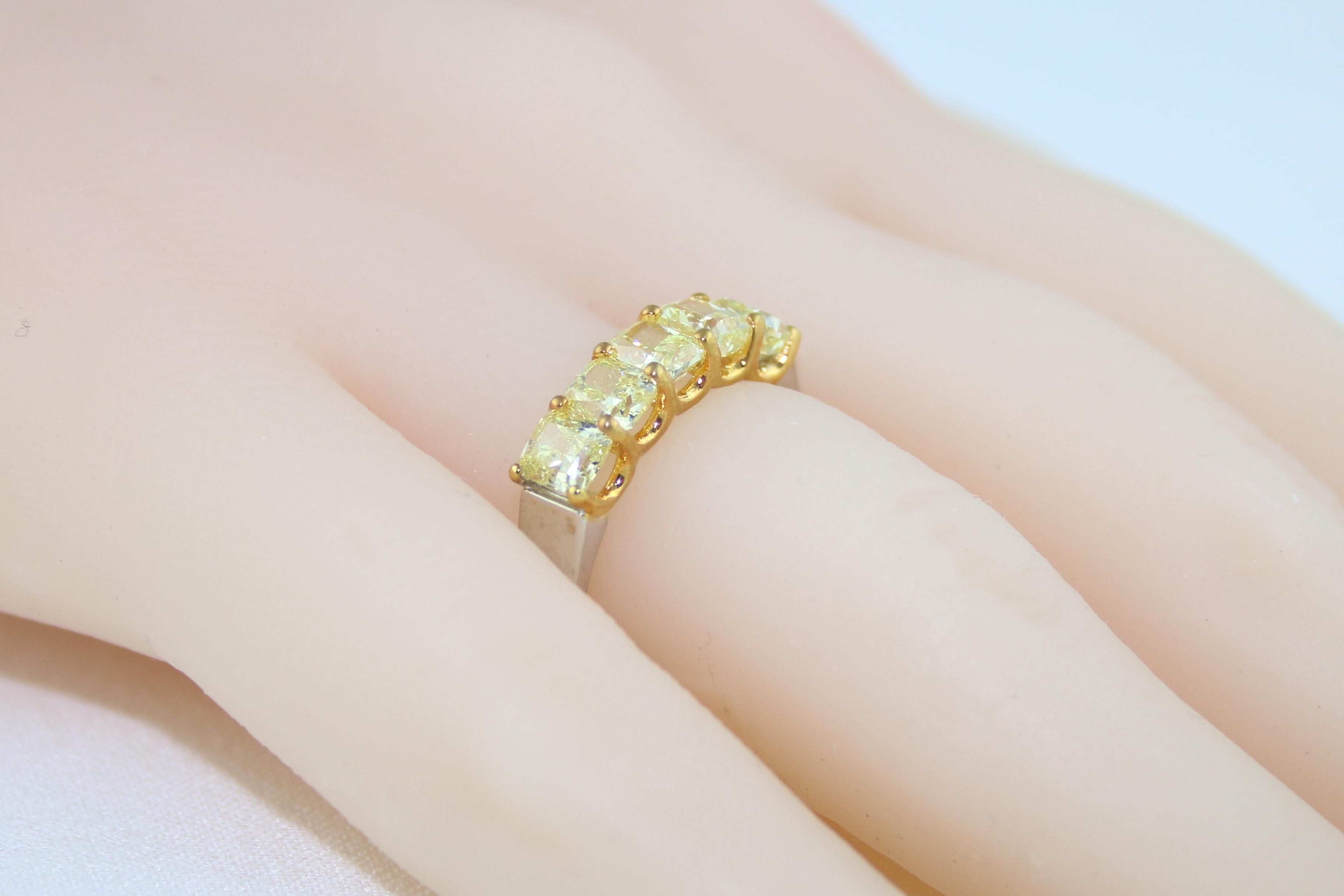 Women's 2.12 Carats Diamond Cushion Fancy Yellow 5-Stone Gold Platinum Half Band Ring For Sale