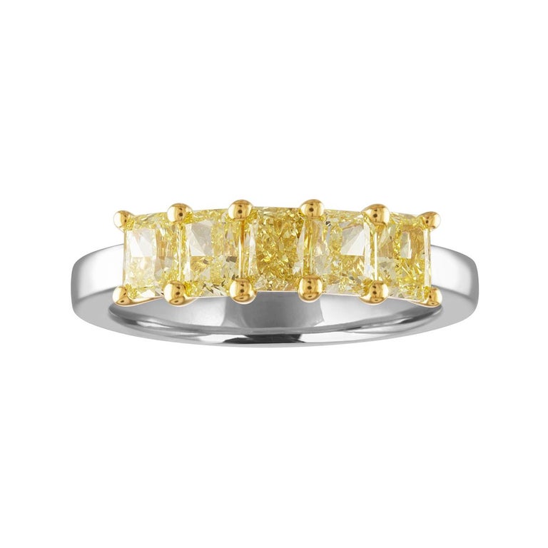 2.12 Carats Diamond Cushion Fancy Yellow 5-Stone Gold Platinum Half Band Ring For Sale