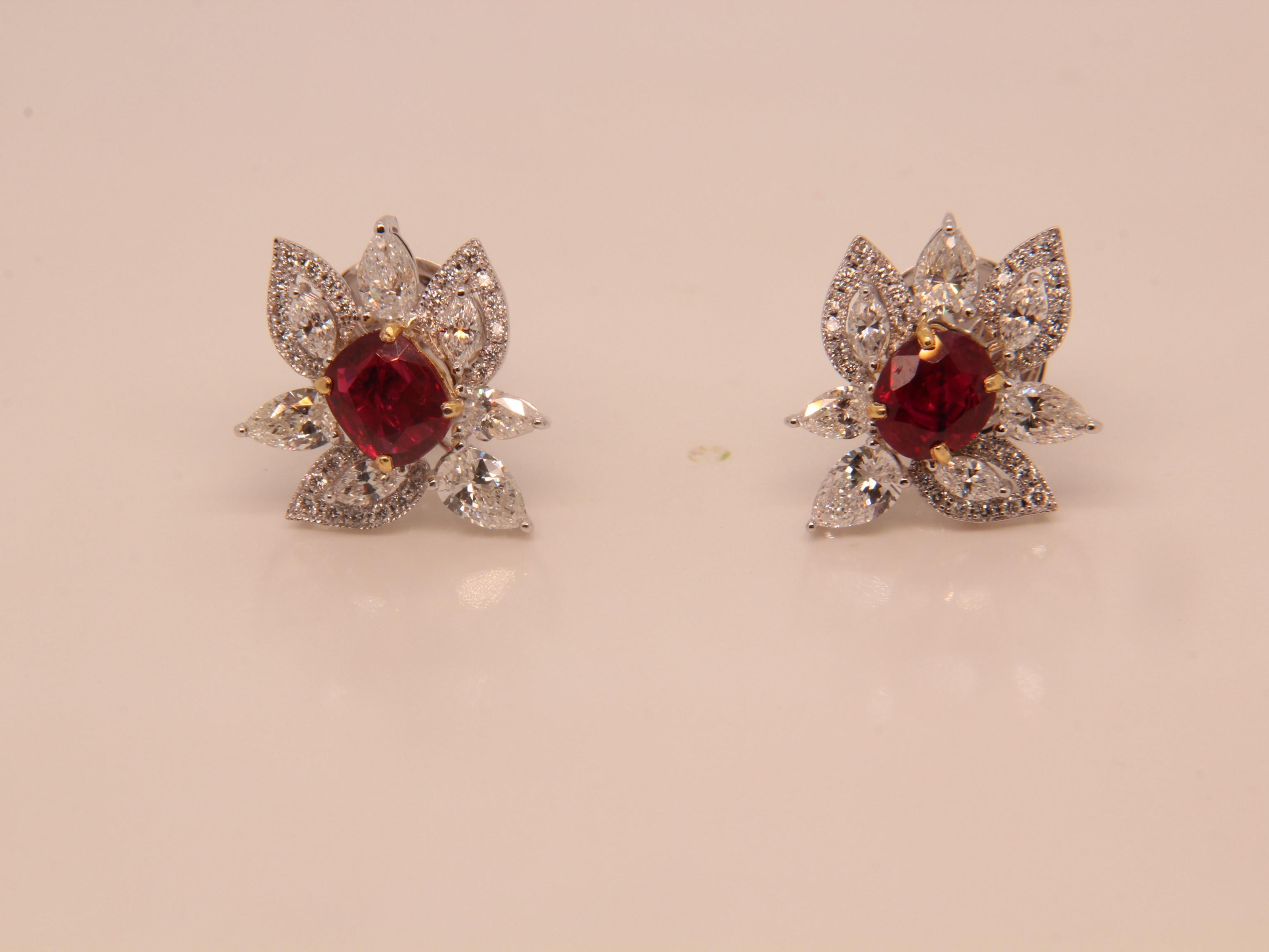 2.12 Ct GRS Pigeon Blood Burmese No Heat Ruby Diamond Earring in 18 Karat Gold In New Condition In Bangkok, TH