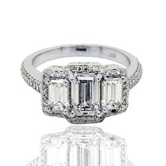 2.12 Ct H/VS2 Pave Emerald Ct Diamond 18K 3-Stone Engagement Ring with Halo
