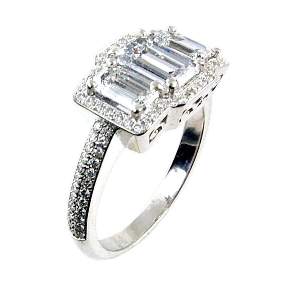 Emerald Cut 2.12 Ct H/VS2 Pave Emerald Ct Diamond 18K 3-Stone Engagement Ring with Halo For Sale