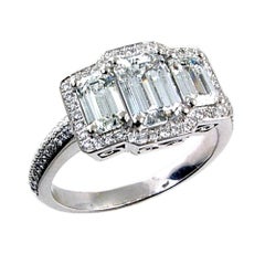 2.12 Ct H/VS2 Pave Emerald Ct Diamond 18K 3-Stone Engagement Ring with Halo