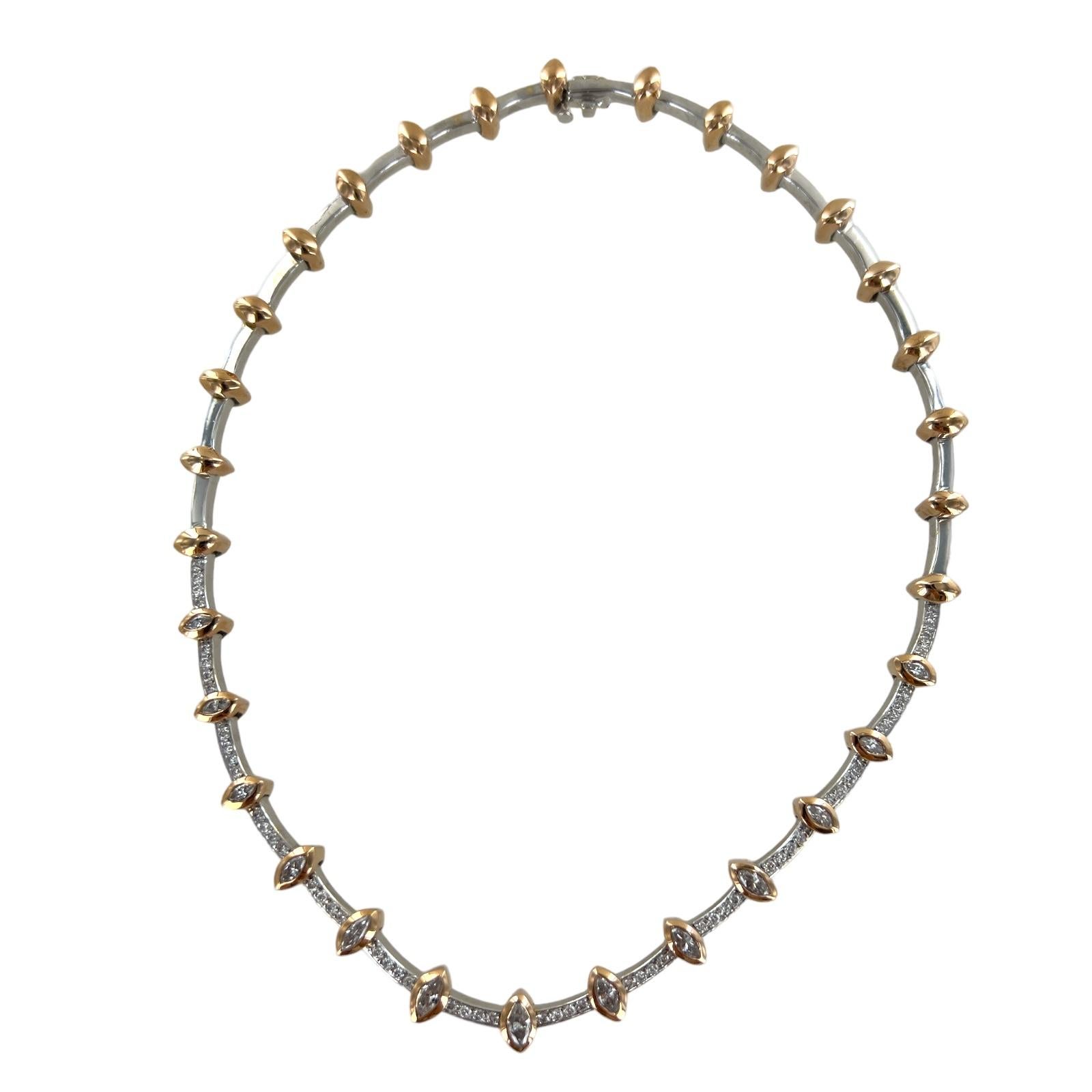 2.12 CTW Runder Brillant Marquise Schliff Diamant 18 Karat Zweifarbig A Link Halskette (Moderne) im Angebot