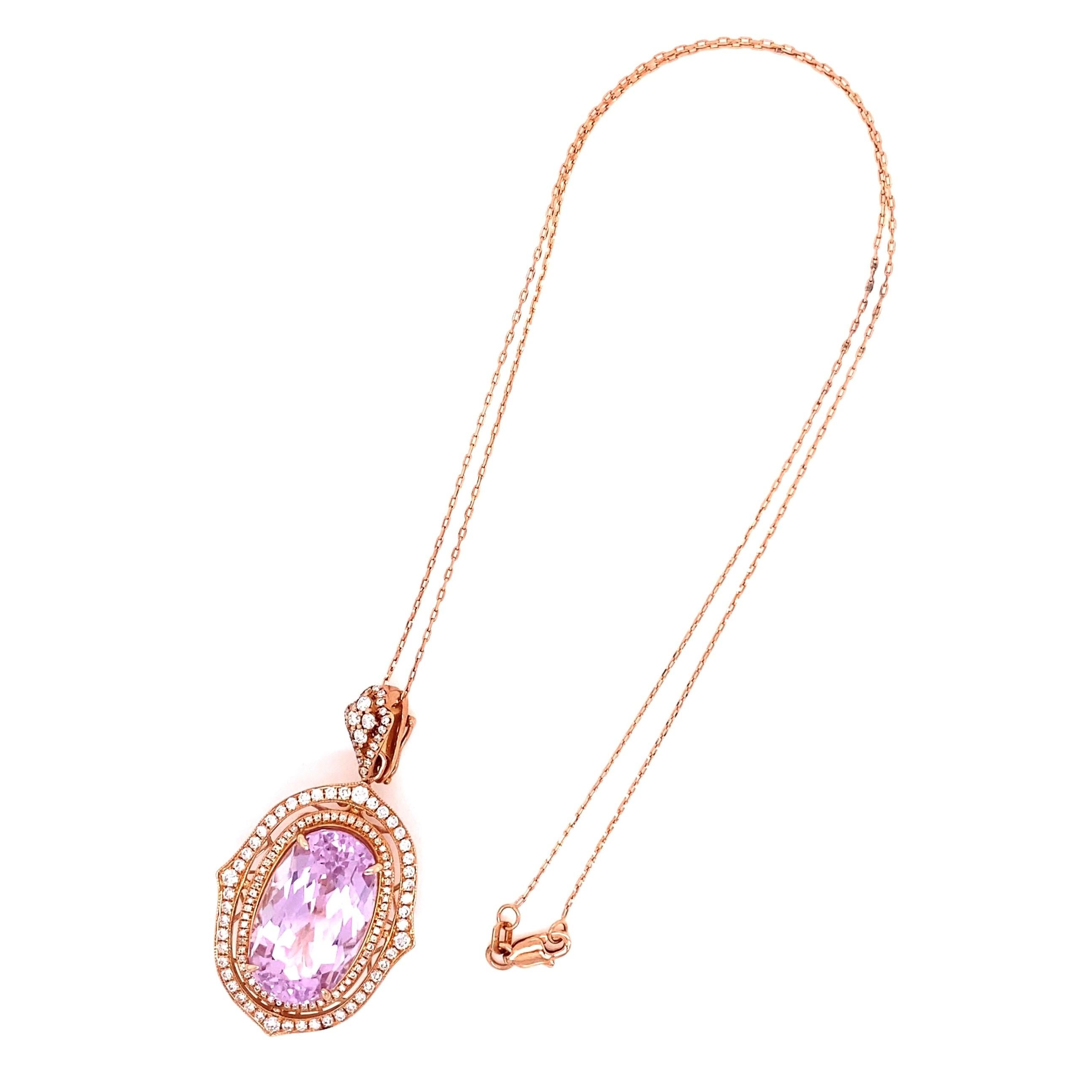 Collar colgante de oro rosa con kunzita y diamantes de 21,20 quilates Estate Fine Jewelry Corte oval en venta