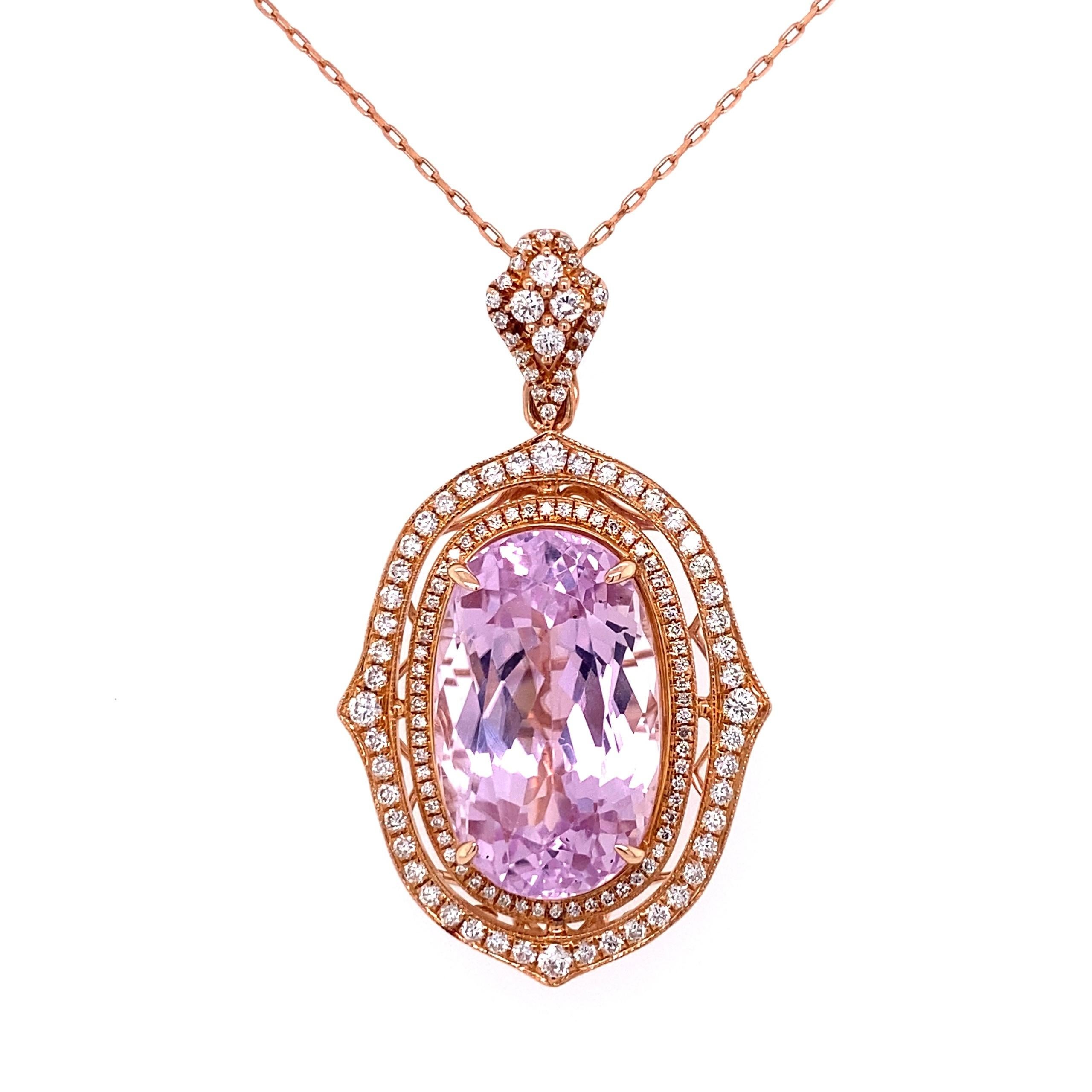 Collar colgante de oro rosa con kunzita y diamantes de 21,20 quilates Estate Fine Jewelry en venta 1