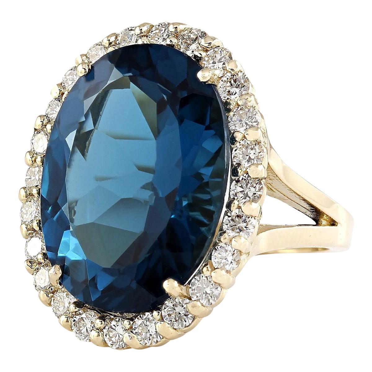 21.20 Carat Natural Topaz 14 Karat Yellow Gold Diamond Ring
Stamped: 14K Yellow Gold
Total Ring Weight: 8.1 Grams
Total Natural Topaz Weight is 19.90 Carat (Measures: 20.00x15.00 mm)
Color: London Blue
Total Natural Diamond Weight is 1.30