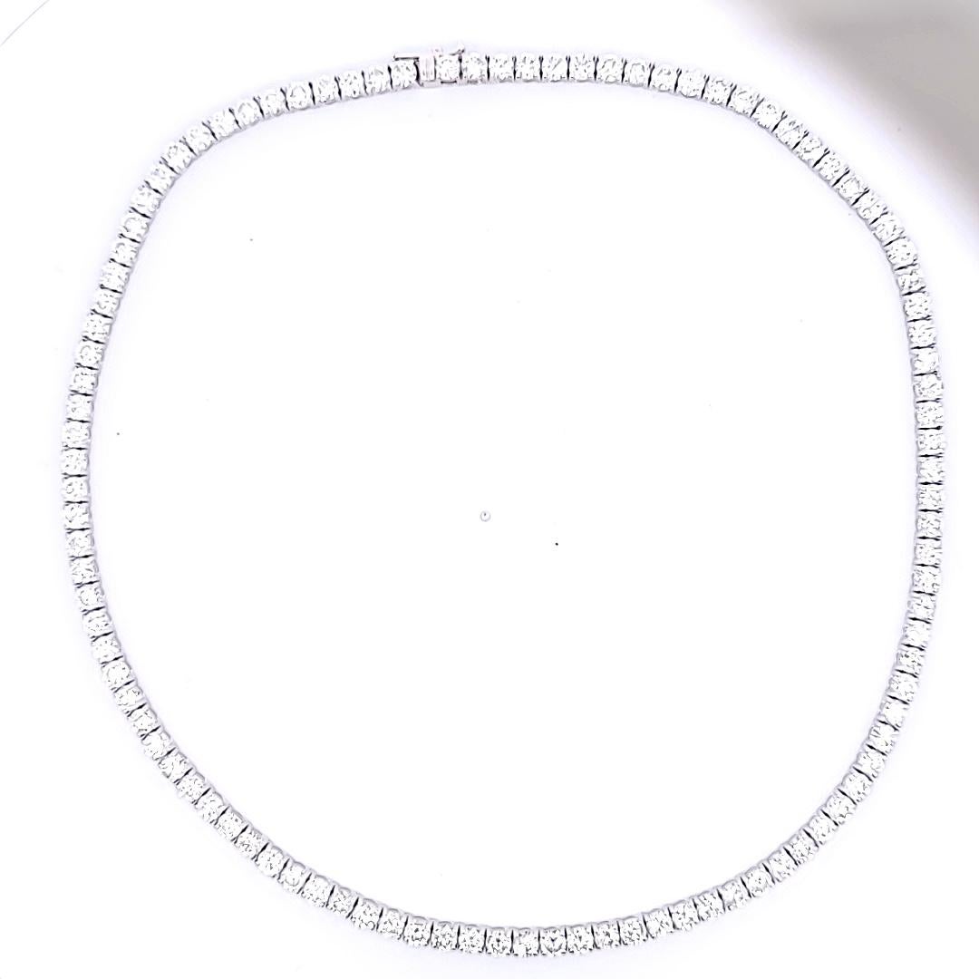 Title:
21.21 Carat Round Brilliant Diamond 14 Karat White Gold Riviera Necklace


Style:
Riviera


Metal:
14 Karat White Gold


Gemstone 1:
21.21 Carat Diamond


Number of Stones:
102


Shape:
Round Brilliant


Dimension:
16 inch


Weight:
30.7