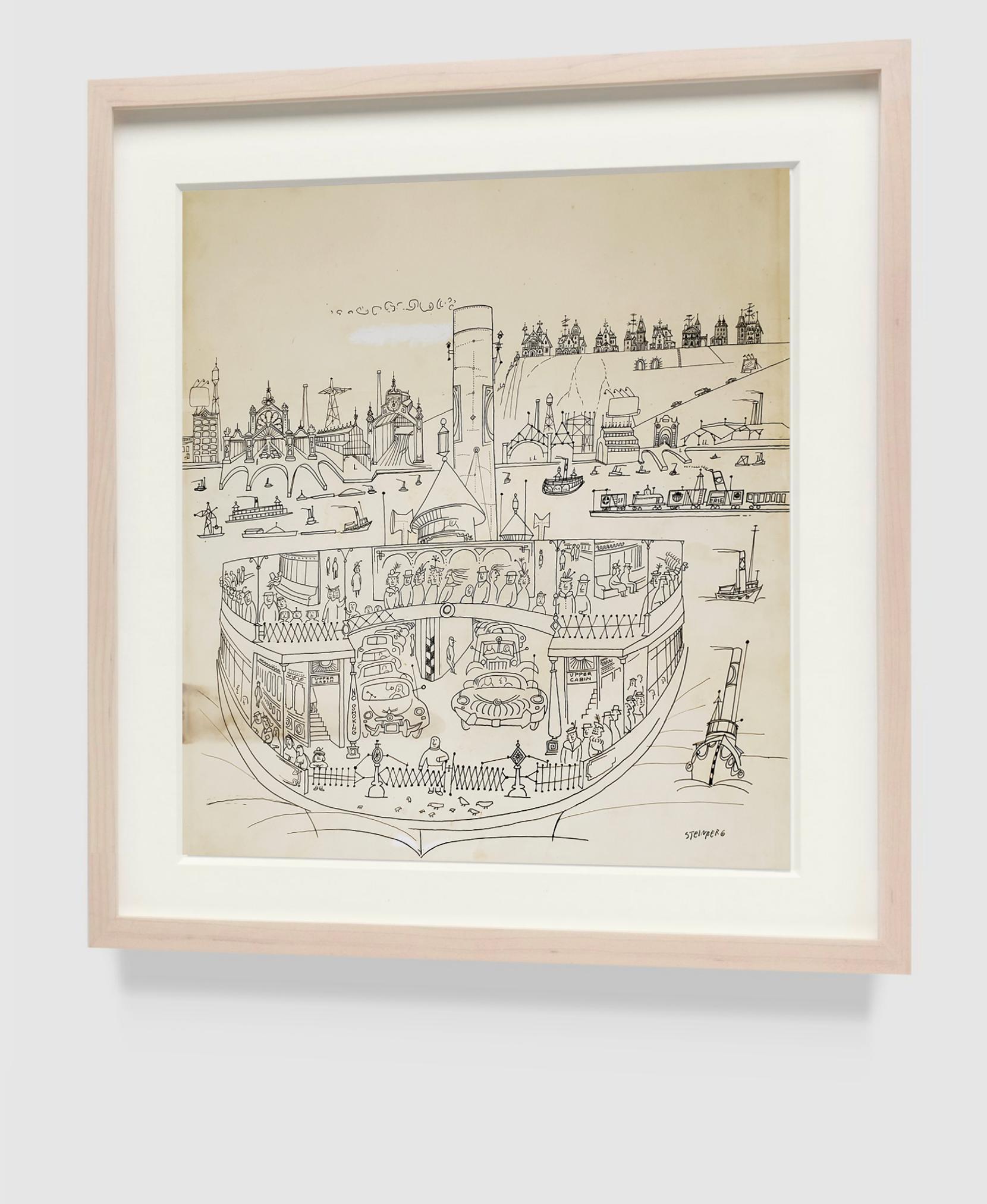 New York Harbor with Ferry boats and Victorian Houses  - Holiday Magazine Cover en vente 8