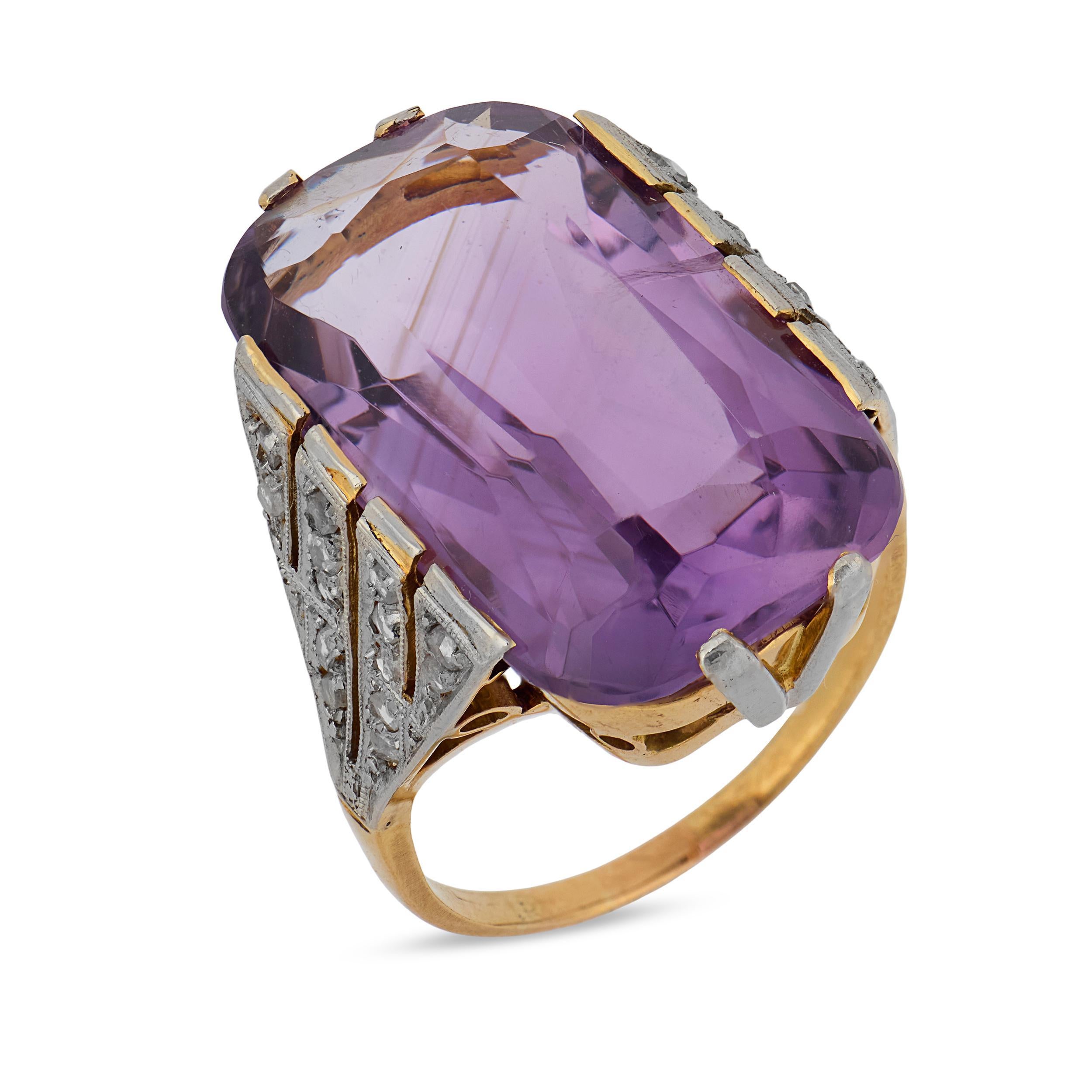 21.23 carat cushion cut amethyst diamond 18k yellow gold cocktail ring For Sale