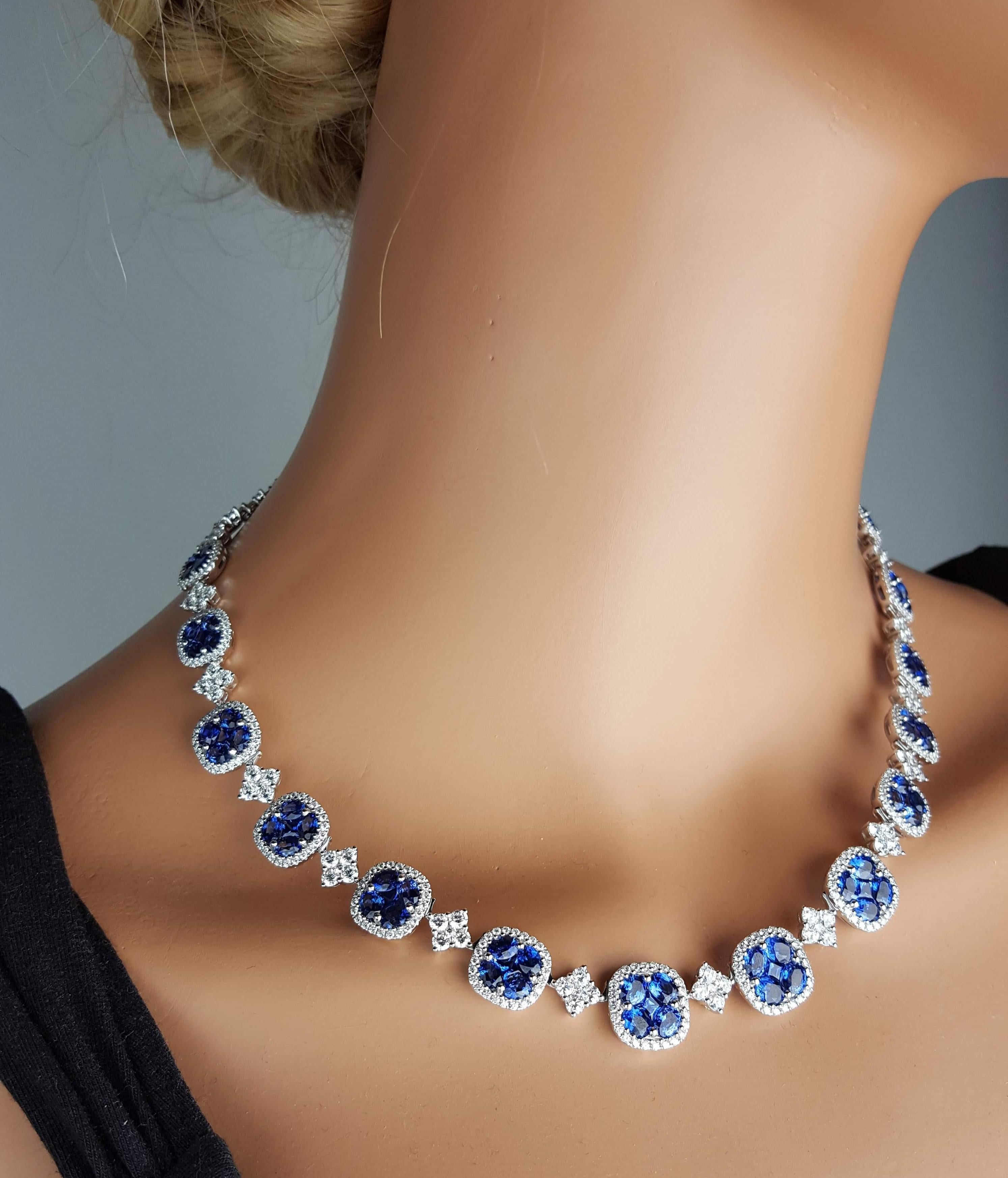 Mixed Cut DiamondTown 21.23 Carat Vivid Blue Sapphire and Diamond Necklace