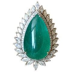 21.23 Carats, Natural Zambian Emerald Cabochon 
Diamonds Cocktail Ring
