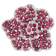 21.26 Carat Ruby and Diamonds Flower Brooch Pendant