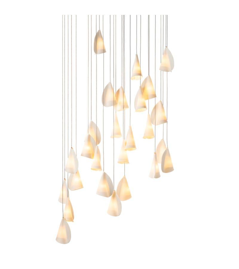 21.26 Porcelain chandelier lamp by Bocci
Dimensions: D 33.5 x W 100 x H 300 cm 
Materials: Porcelain, borosilicate glass, braided metal coaxial cable, electrical components, brushed nickel canopy. 
Lamping: 1.5w LED or 20w xenon. Non-dimmable.